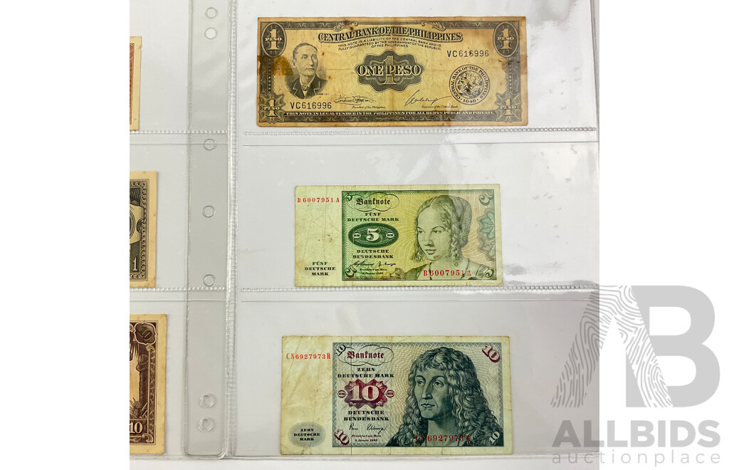 Collection Vintage Banknotes Including WW2 Japanese Occupation Notes, Philippines 1940 One Peso, Germany 1980 Ten and Five Deutschmark Mark