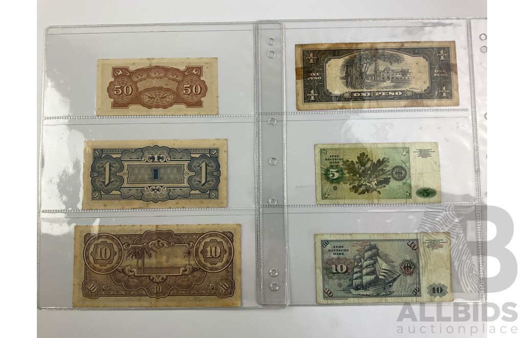 Collection Vintage Banknotes Including WW2 Japanese Occupation Notes, Philippines 1940 One Peso, Germany 1980 Ten and Five Deutschmark Mark