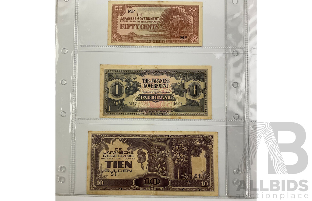 Collection Vintage Banknotes Including WW2 Japanese Occupation Notes, Philippines 1940 One Peso, Germany 1980 Ten and Five Deutschmark Mark