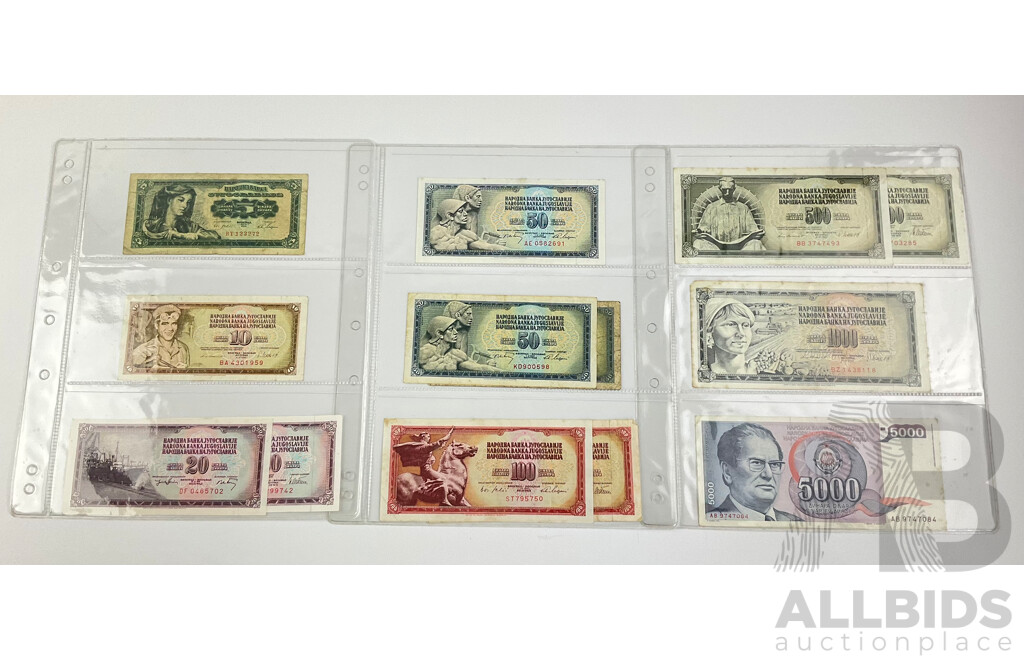 Collection of Vintage Yugoslavian Banknotes Including Examples Five to Five Thousand Dinars