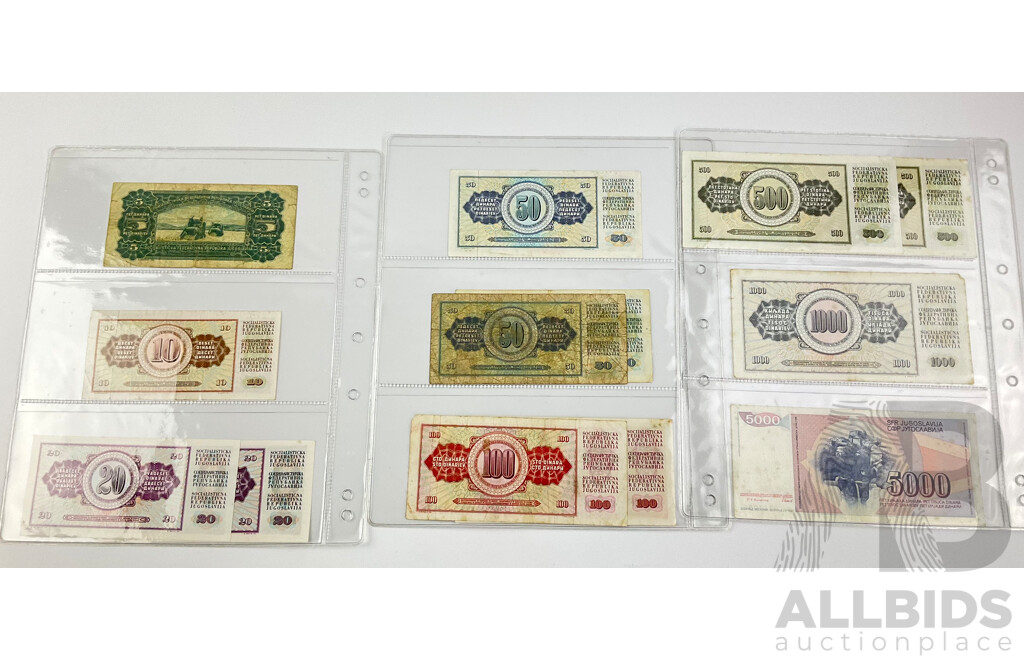 Collection of Vintage Yugoslavian Banknotes Including Examples Five to Five Thousand Dinars