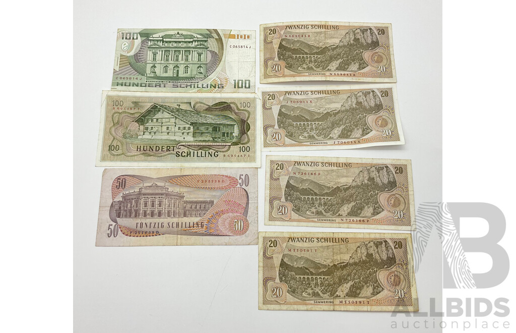 Collection of Vintage Austrian Banknotes Including 1967 Twenty Shilling(4) and 1970 Fifty Shilling, 1969 and 1984 One Hundred Shilling