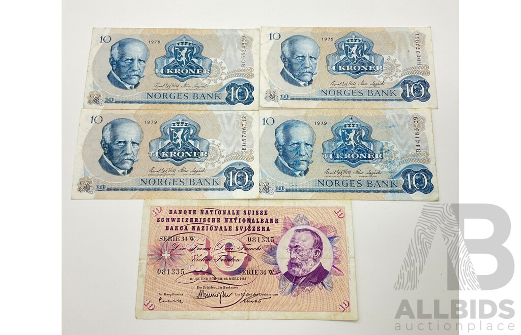 1979 Norwegian Banknotes, Ten Kroner(4) with Switzerland 1963 Ten Francs