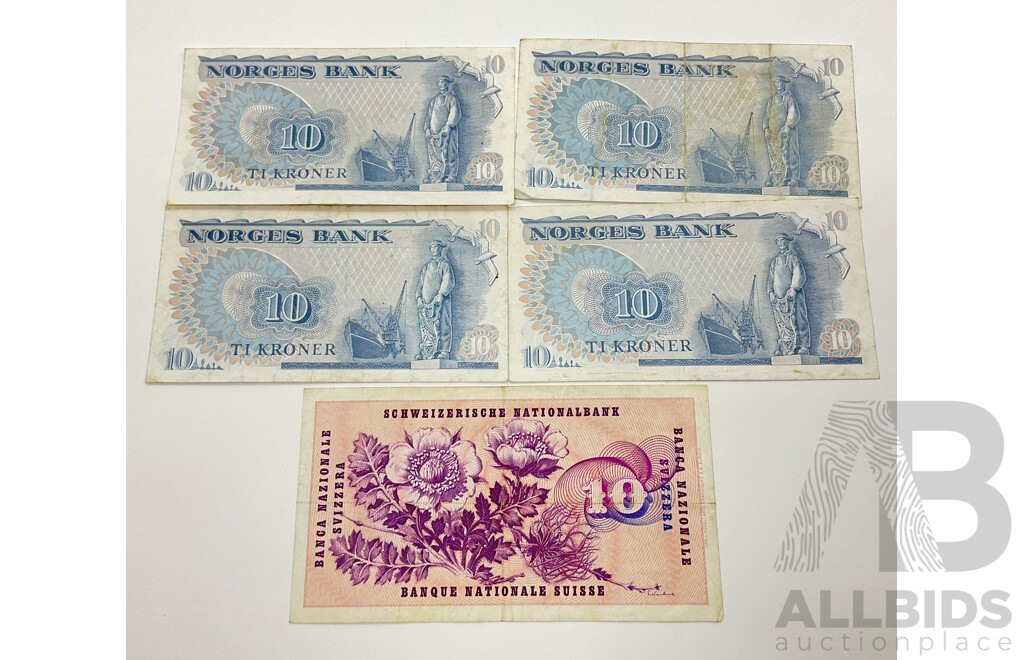 1979 Norwegian Banknotes, Ten Kroner(4) with Switzerland 1963 Ten Francs