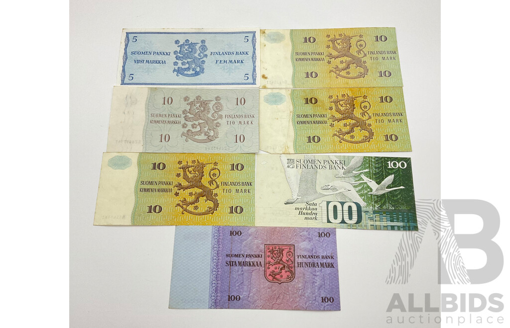 Collection of Vintage Finland Banknotes Including 1963 Five Markkaa, 1980(3) 1963 Ten Markkaa, 1976 and 1986 One Hundred Markkaa