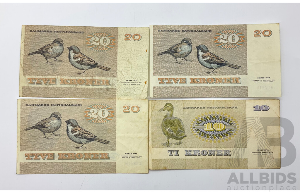 Collection of 1972 Danish Banknotes, 1972 Ten and Twenty(3) Kroner