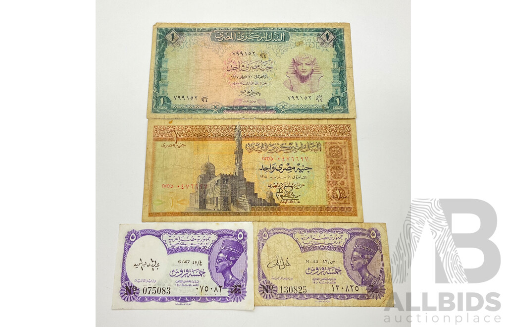 Vintage Egypt Bank Notes Including 1967, 1978 One Pound Notes, Two Five Piastres Notes