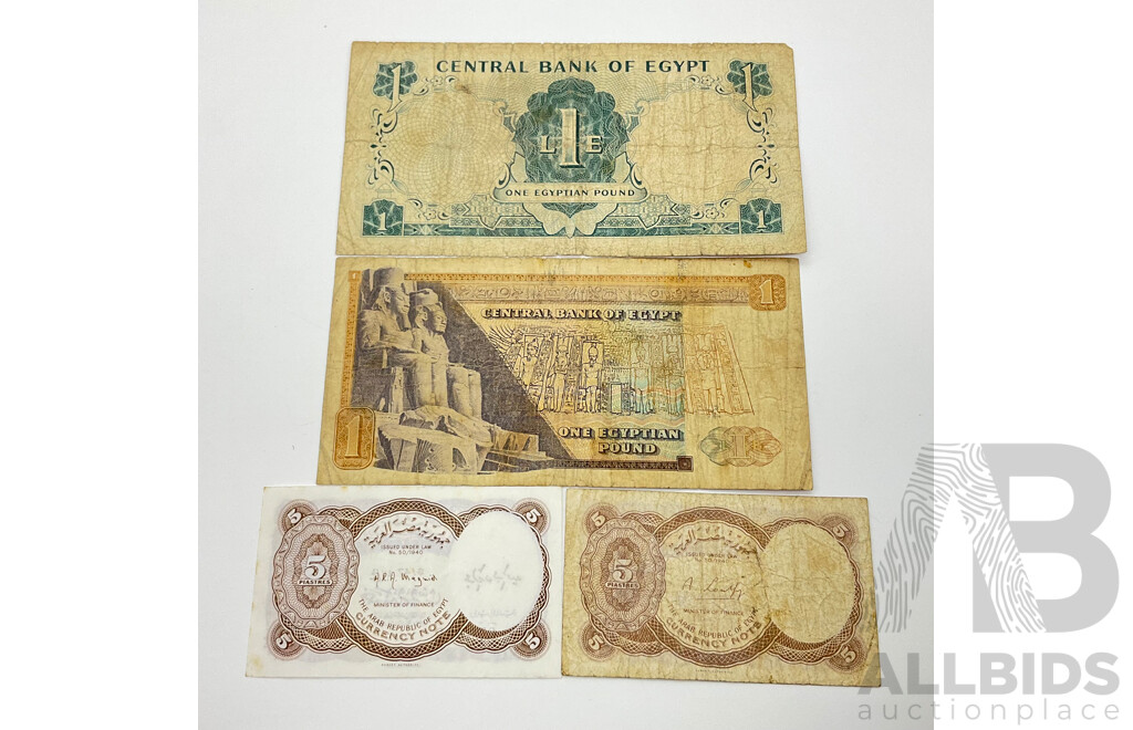 Vintage Egypt Bank Notes Including 1967, 1978 One Pound Notes, Two Five Piastres Notes