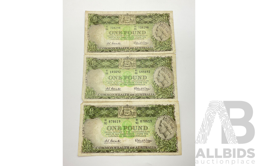 Three Australian One Pound Notes, Coombs/Wilson HI 88, HI 86, HI 90