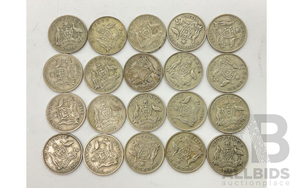 Australian KGVI Silver Sixpence Coins, 1946(10) and 1948(10)