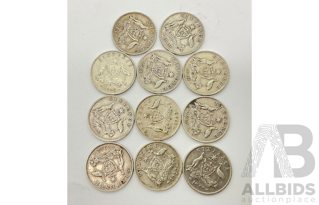 Australian KGVI Silver Sixpence Coins Including San Fransisco Mint 1942, 1943(2) 1944, Denver Mint 1942(3) 1943(3)