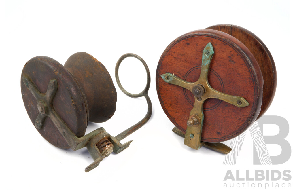 Two Vintage Wooden Fishing Reels