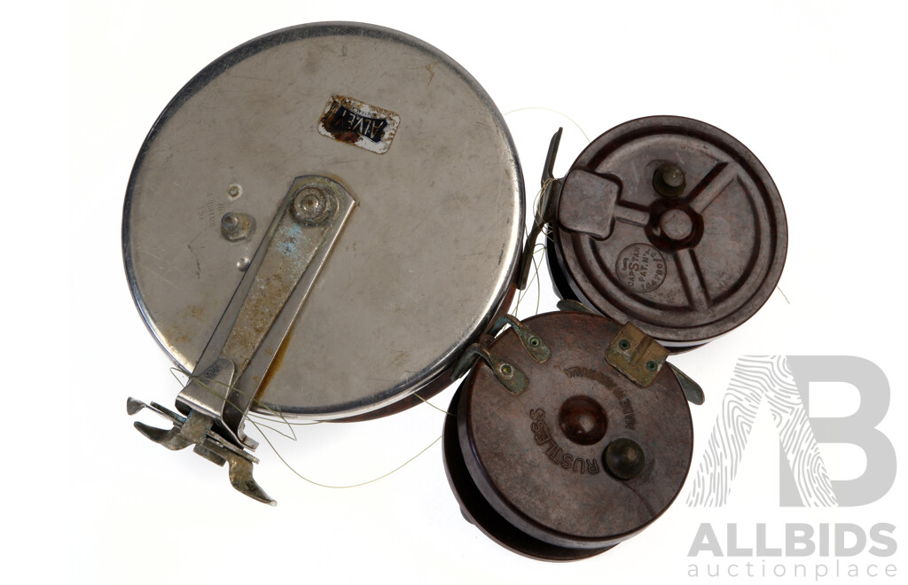 Two Vintage Charles Alvey & Son Brisbane Estuary Champion Bakelite Fishing Reel, Capstan Bakelite Example Along with Australian Made Rustless Example