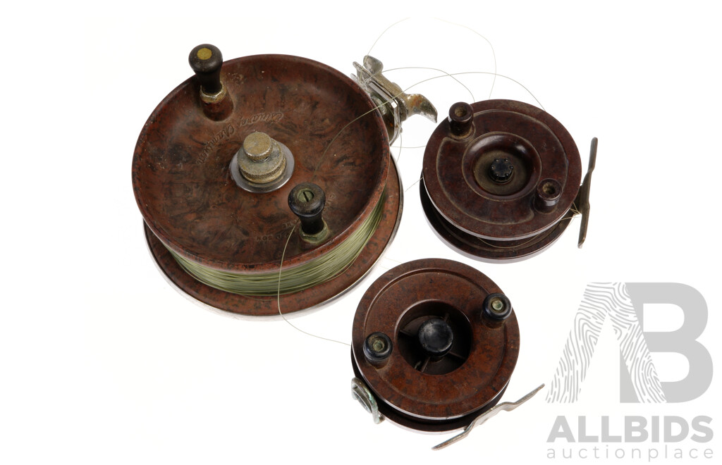 Two Vintage Charles Alvey & Son Brisbane Estuary Champion Bakelite Fishing Reel, Capstan Bakelite Example Along with Australian Made Rustless Example