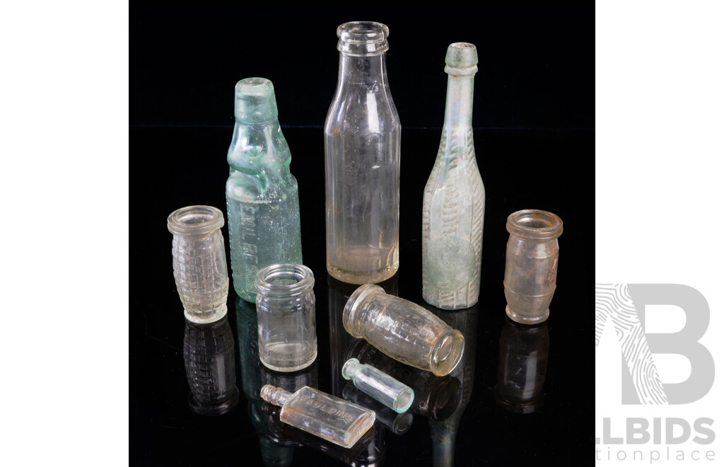 Collection Early Australian Bottles Including Salad Oil Bottle with Iridescence Colouration, Pecks Jars, Emile Resch Broken Hill Codd Bottle and More