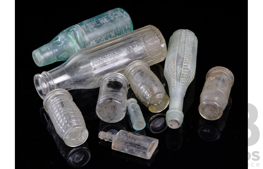 Collection Early Australian Bottles Including Salad Oil Bottle with Iridescence Colouration, Pecks Jars, Emile Resch Broken Hill Codd Bottle and More