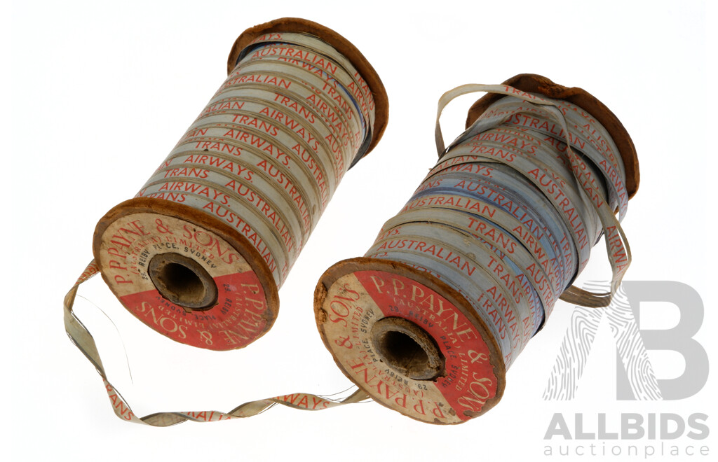 Two Vintage Trans Australian Airways Ribbons on Spools by P P Payne & Sons Sydney