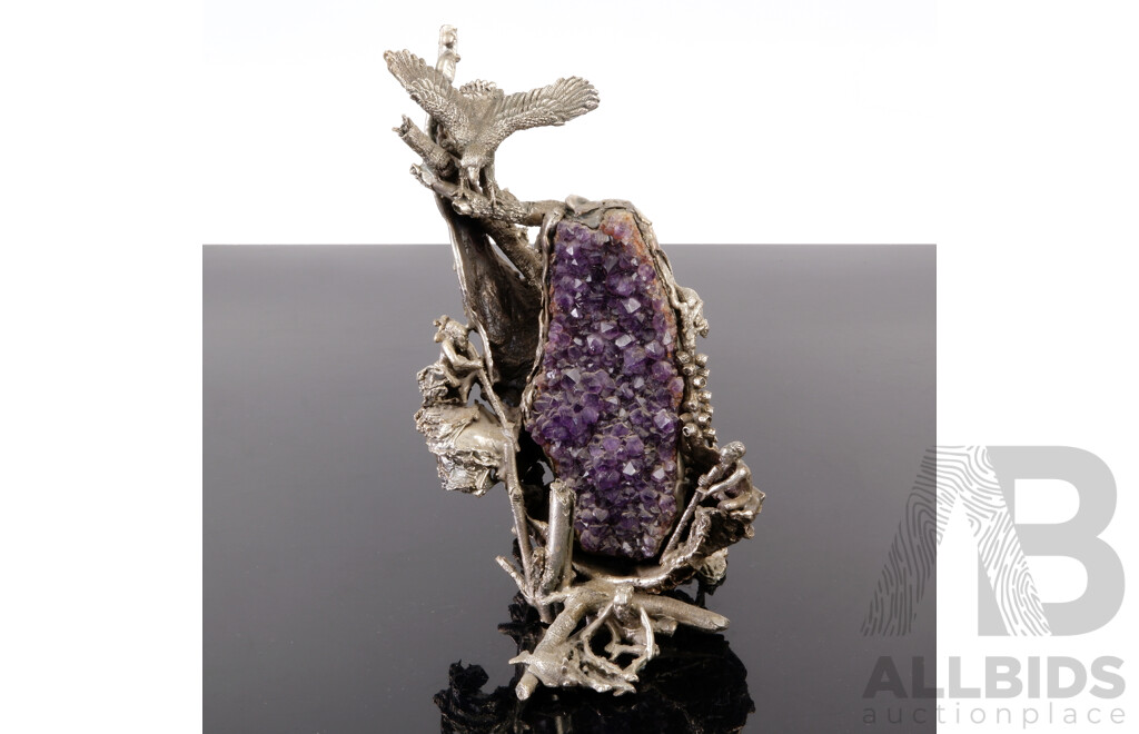 Australian Steel Sculpture with Amethyst Centerpiece and Detailed Indigenous Scenes and Animals