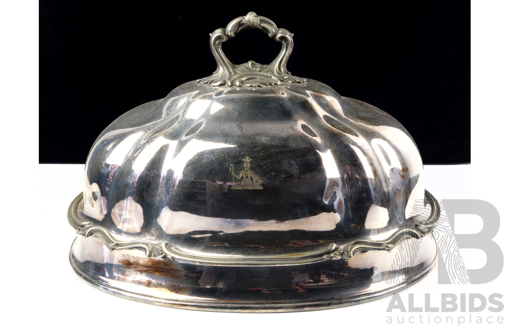 Very Large Antique Silver Plate Meat Dome with Ornate Handle