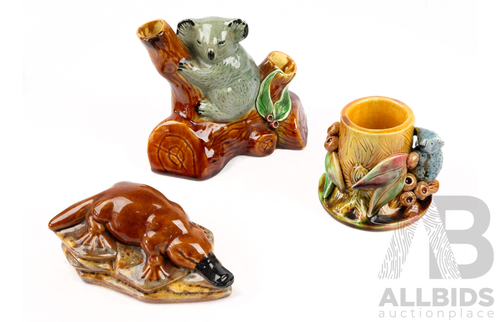 Collection Vintage Australian Ceramic Souvenir Ware Pieces Including Koala, on Stump Vase, Platypus and More