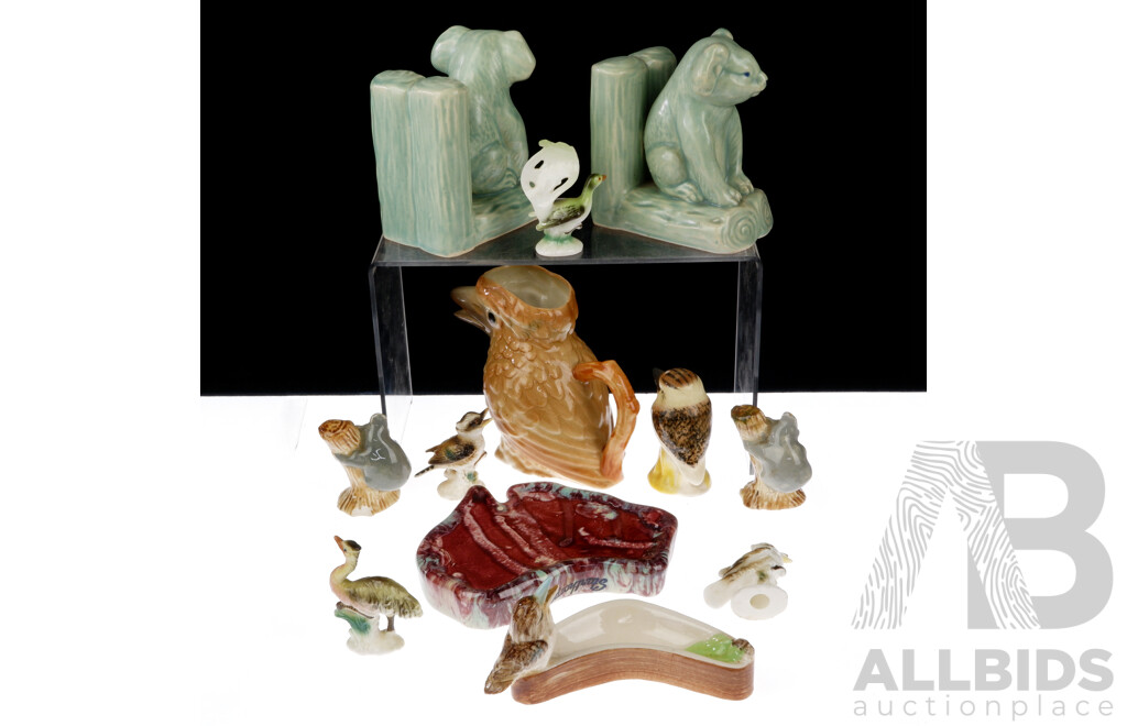 Collection Vintage Australian Ceramic Souvenir Ware Pieces Including Koala and Kookaburra Themed Pieces