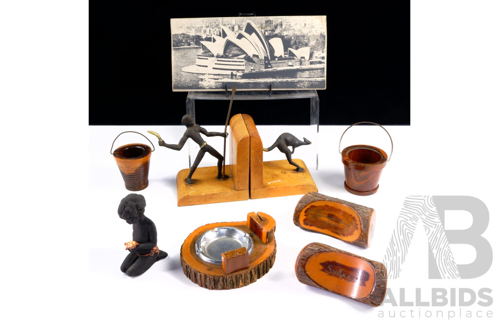 Collection Vintage Australian Souvenir Ware Pieces Including Mulga Examples, Cast Iron Indigenous Themed Bookends and More