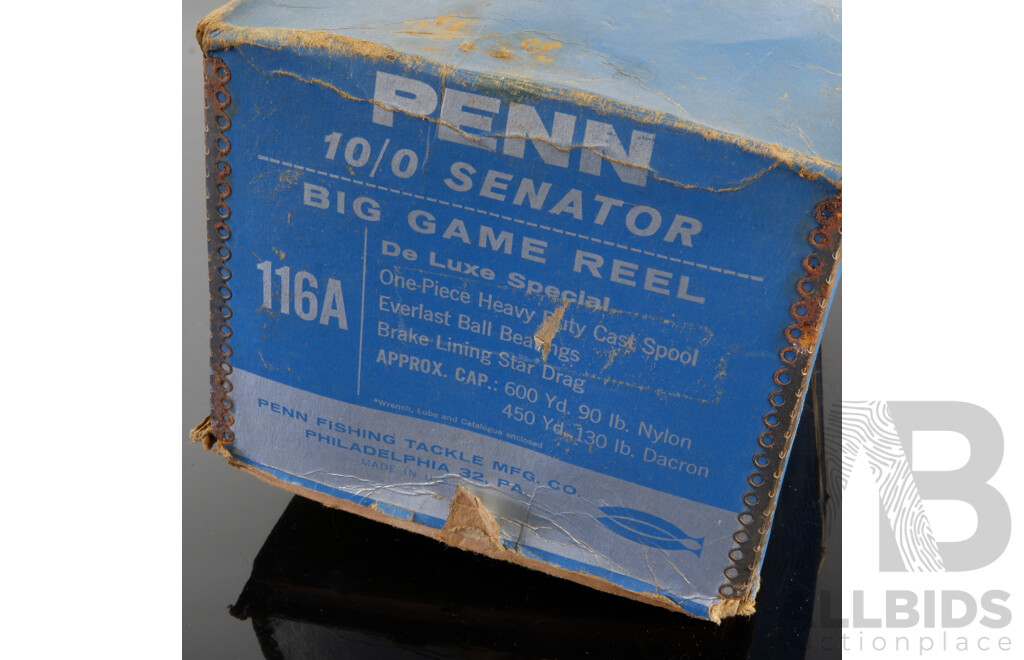 Vintage USA Made 10/ 0 Senator De Luxe Special 116A Big Game Reel by Penn Fishing Tackle Co, Philadelphia, in Original Box with Instruction Manual