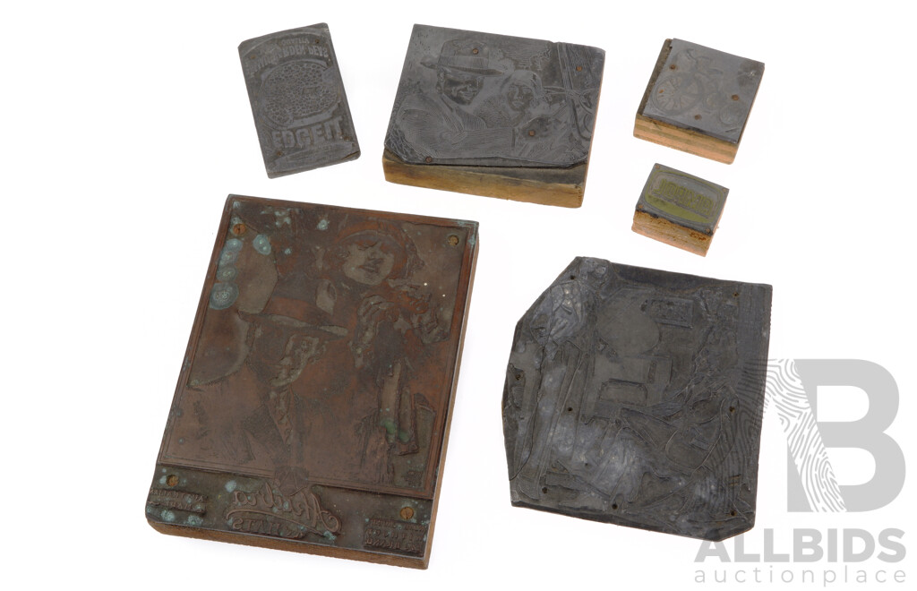 Cool Collection Six Vintage Australian Metal Reverse Block Prints Including Two 1930s Akubra Examples