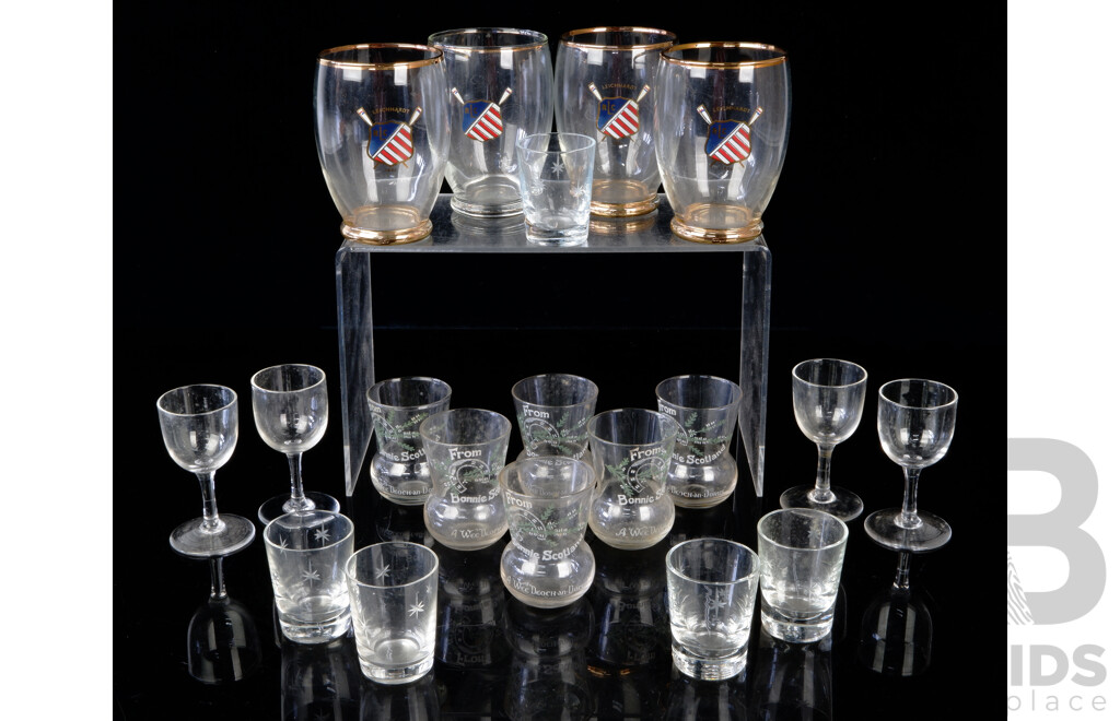 Collection Glassware Including Set Four Webb Sherry Glasses, Set Sic ENgraved Thistle Form Shot Glasses and More