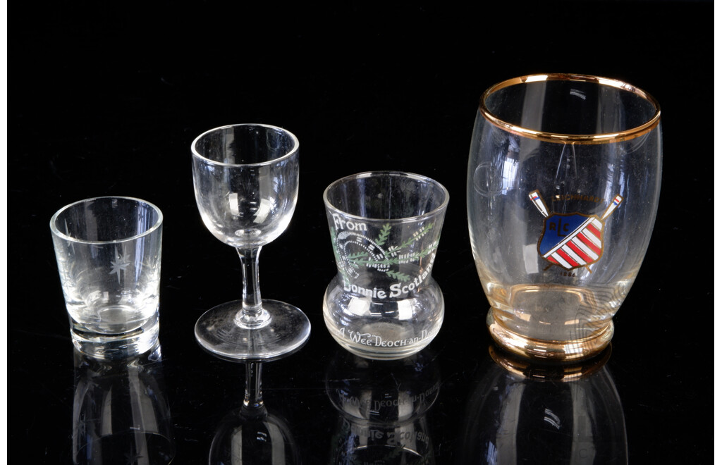 Collection Glassware Including Set Four Webb Sherry Glasses, Set Sic ENgraved Thistle Form Shot Glasses and More