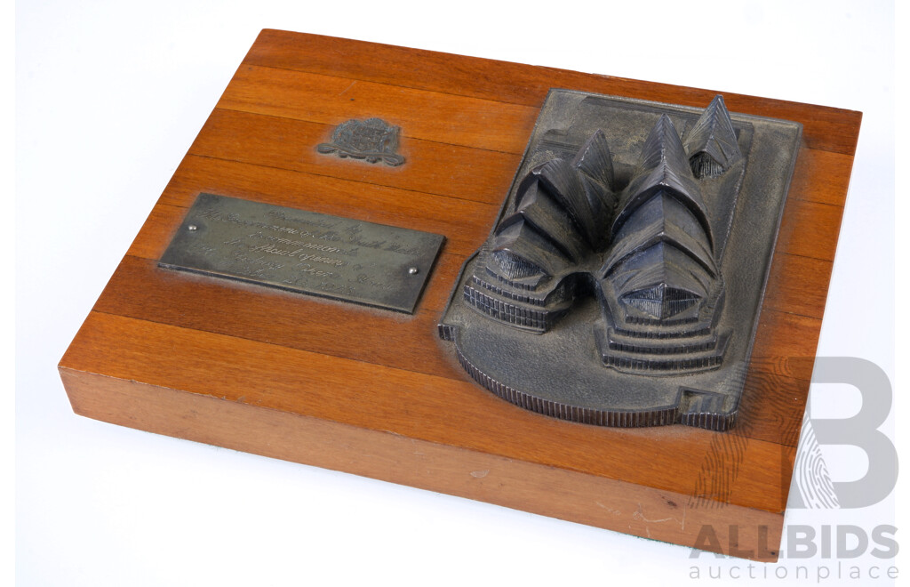 Rare Pewter Desk Item on Wooden Base, Presented by the Government of NSW to Commemorate the Opening of the Sydney Opera House