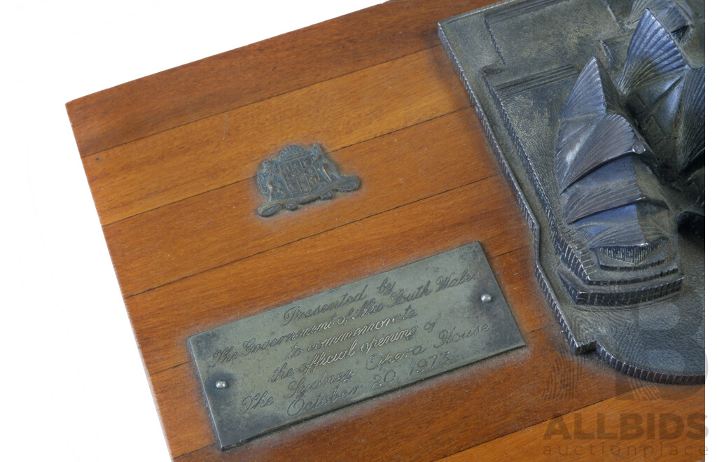 Rare Pewter Desk Item on Wooden Base, Presented by the Government of NSW to Commemorate the Opening of the Sydney Opera House