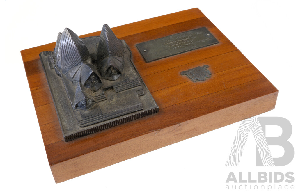 Rare Pewter Desk Item on Wooden Base, Presented by the Government of NSW to Commemorate the Opening of the Sydney Opera House