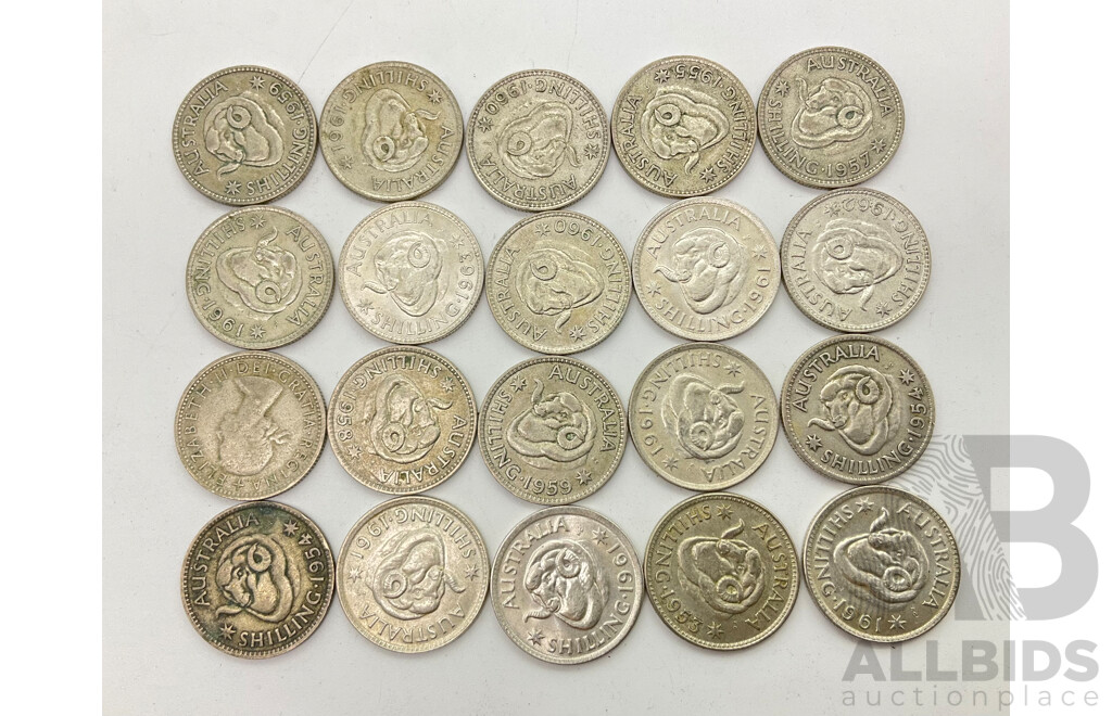 Twenty Australian QE2 Silver Shilling Coins, Examples From 1954 - 1963 (.500)