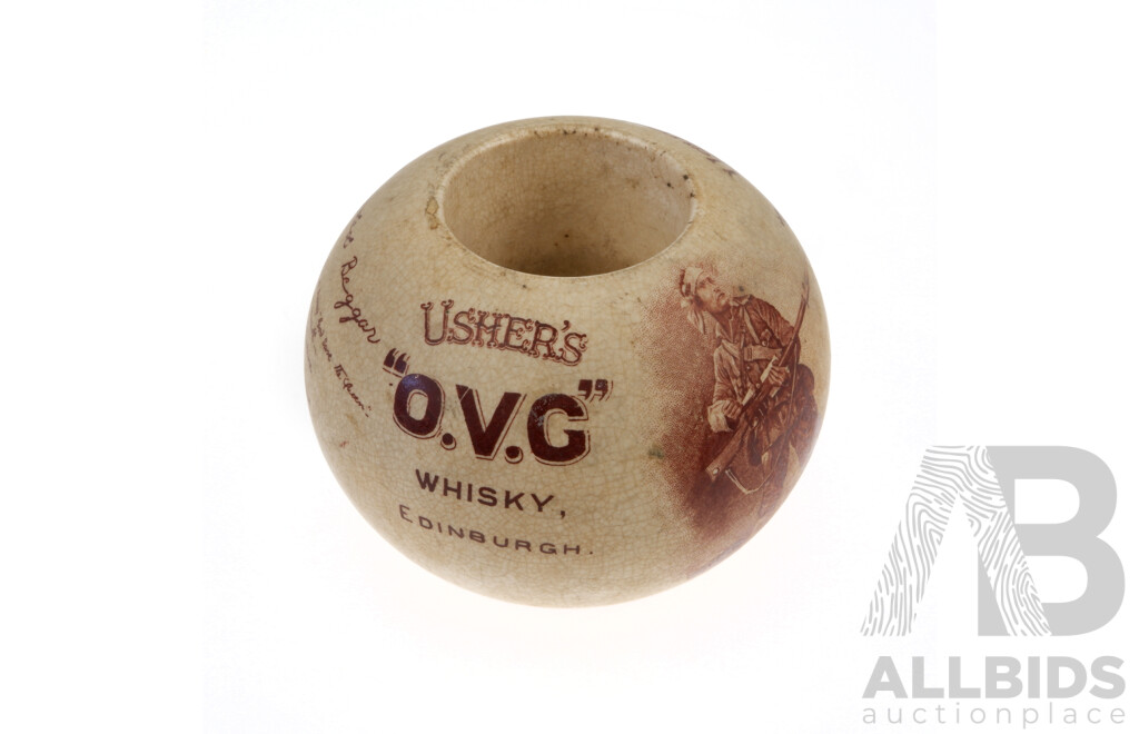 Antique Ushers O.V.G Whisky Edinburgh Advertising Ceramic Match Holder by Raphael Tuck & Sons, Circa Early 1800s