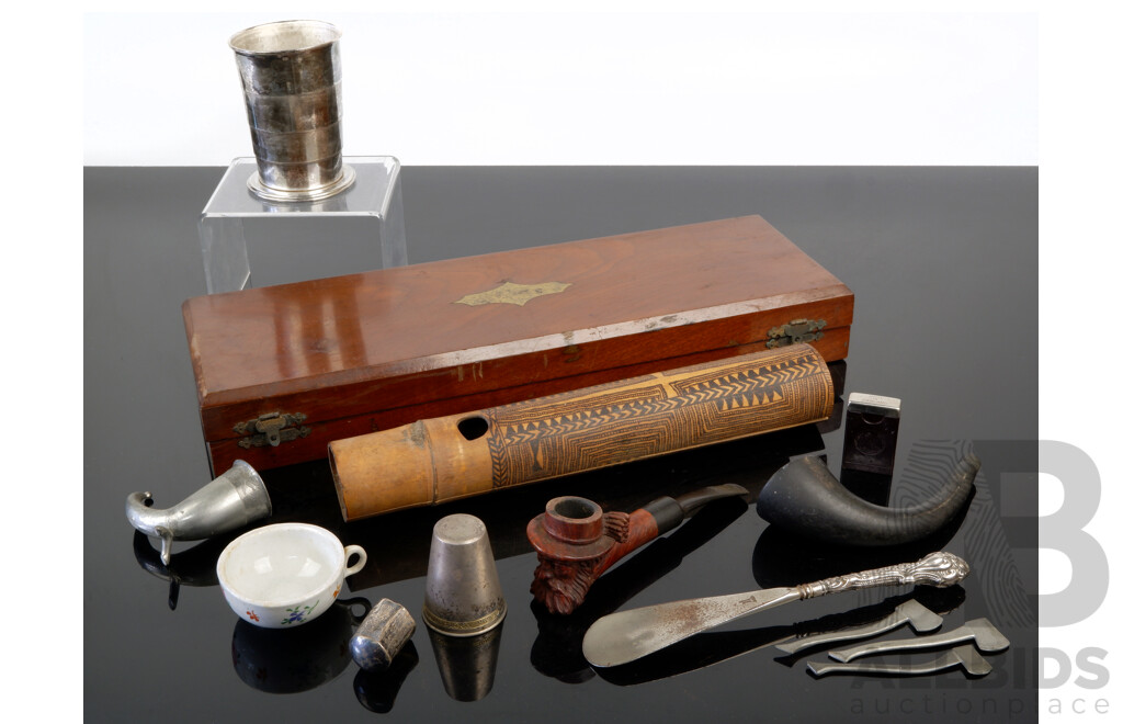 Interesting Gentlemans Lot Including Red Point Old Briar Pipe with Carved Face Detail, Wooden Case, Sterling Silver Cane Top, Silver Plate Travelers Cup and More