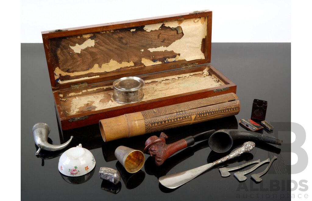 Interesting Gentlemans Lot Including Red Point Old Briar Pipe with Carved Face Detail, Wooden Case, Sterling Silver Cane Top, Silver Plate Travelers Cup and More