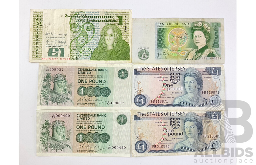 Collection of 1970's and 80's Paper Banknotes Including Ireland 1980 One Pound, Scotland 1976 and 80 One Pound, States of Jersey One Pound, Bank of England One Pound