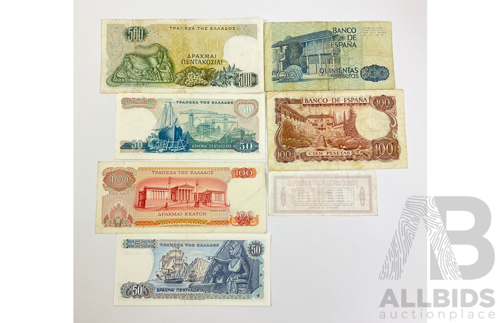 Vintage Spain and Greece Paper Banknotes Including Five Hundred Pesetas and Drachma