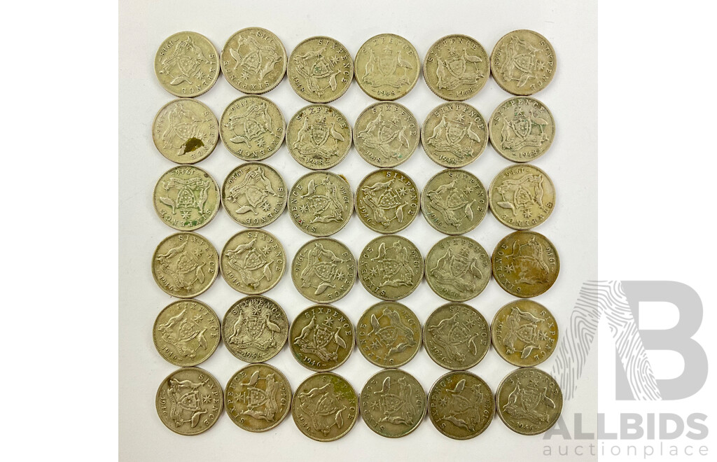 Thirty Six Australian 1946 and 1948 Silver Sixpence Coins .500