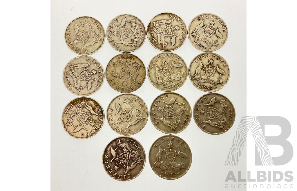 Collection of Australian Pre 1945 Silver Sixpence Coins Including 1922, 1943/42 Denver Mint, 1944 San Fransisco Mint