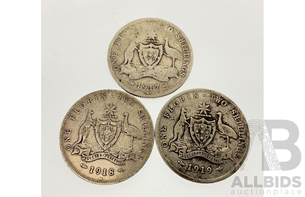 Three Australian KGV Silver Florins 1917, 1918, 1919 - All Melbourne Mint .925