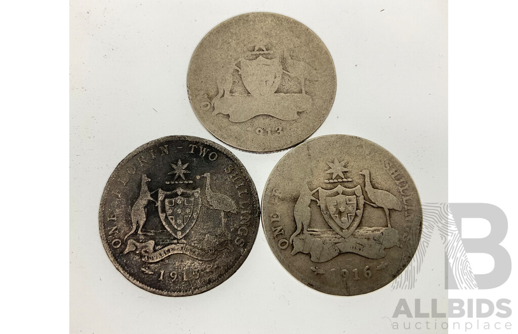 Three Australian KGV Silver Florins 1913, 1915, 1916 - .925