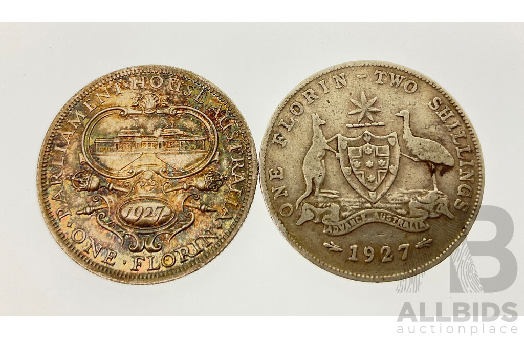 Two Australian 1927 Silver Florins, Commemorative and Standard .925