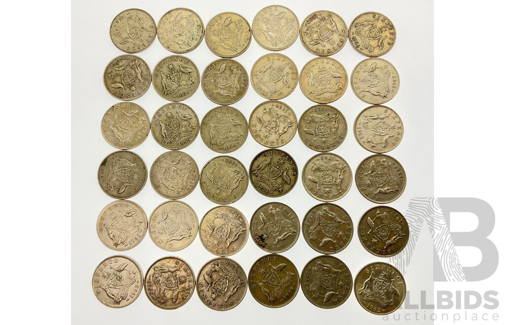 Collection of Australian QE2 Silver Sixpence Coins, Examples From 1954 to 1963 .500