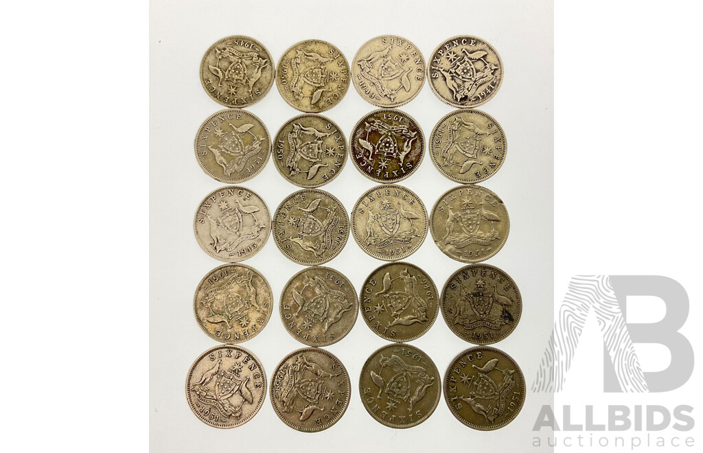 Collection of Australian KGVI Silver Sixpence Coins, Examples From 1941 to 1951 .925 and .500