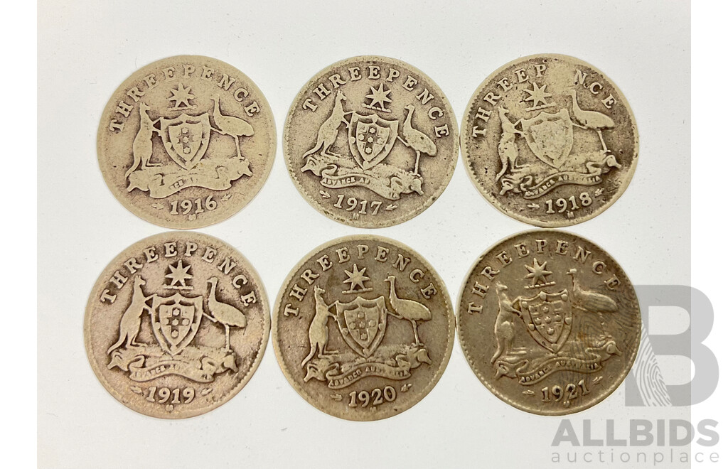 Australian KGV Silver Threepence Coins, Consecutive 1916 to 1921, All Melbourne Mint .925