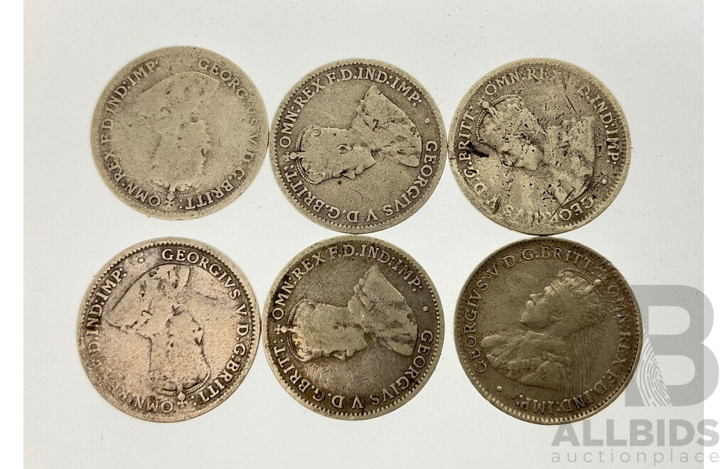 Australian KGV Silver Threepence Coins, Consecutive 1916 to 1921, All Melbourne Mint .925