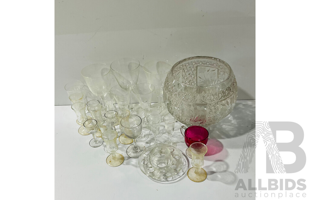 Collection Vintage Glass Wear Including Display Bowl, Liquor Glasses and More