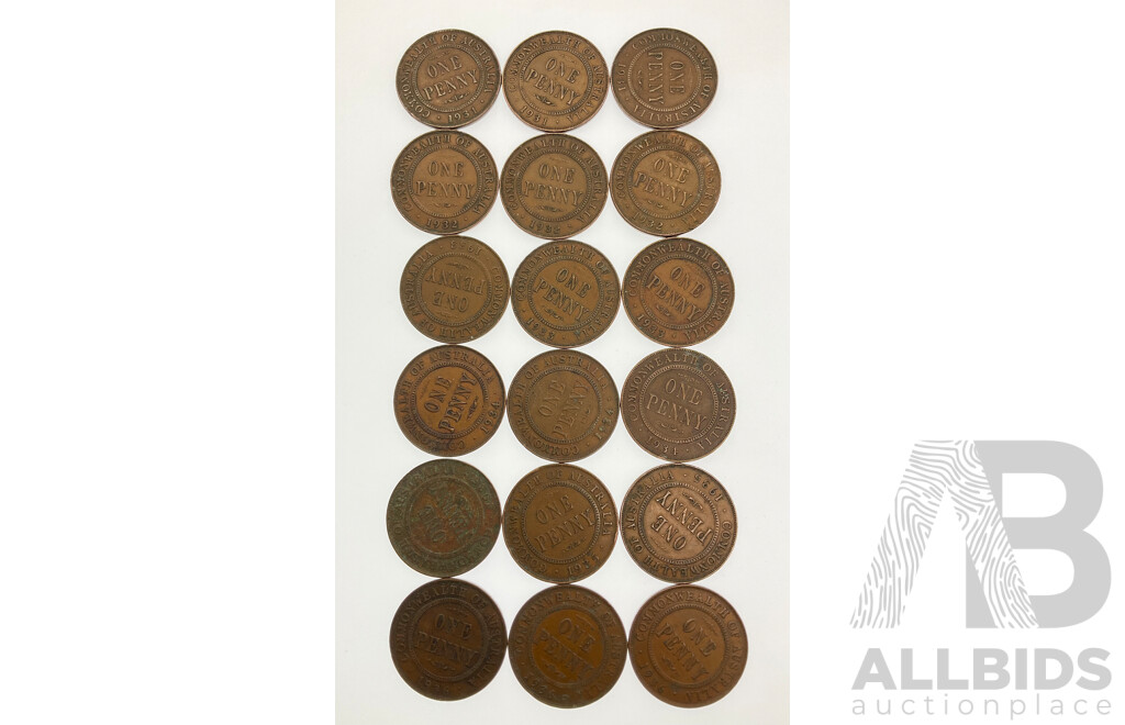 Collection of Australian KGV Pennies Consecutive 1931 to 1936, Three of Each